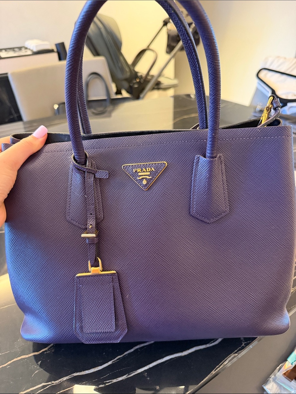 Prada Purple Saffiano Leather Satchel with Gold Hardware